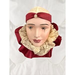 Vintage Mardi Gras Porcelain Hand painted Wall Hanging Mask Lace Hat & Collar